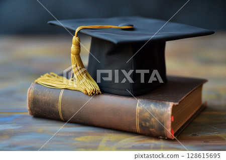 On occasion of Education Day, graduation hat is placed over a school book AI Generative On occasion of Education Day, graduation hat is placed over a school book AI Generative 128615695