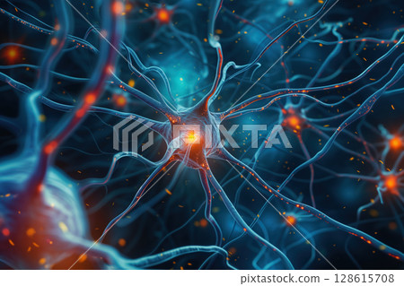 Under microscope, motor neurons are viewed alongside nerve cells a nerve system in a neurology science lab Generative AI 128615708