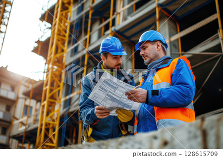 Construction site safety helmet worn by civil engineers AI Generative 128615709