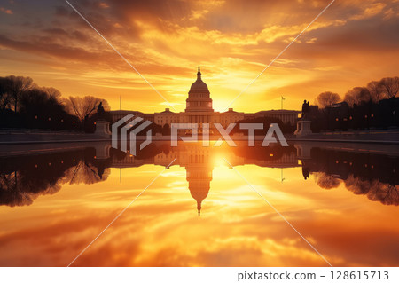 View of exterior of United States Capitol building at sunset, Washington, DC. AI Generation 128615713
