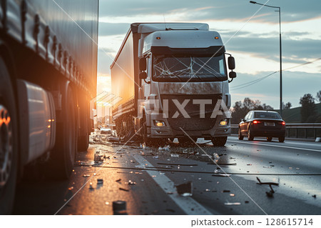 An accident involving semi truck on highway road, accident report v 128615714