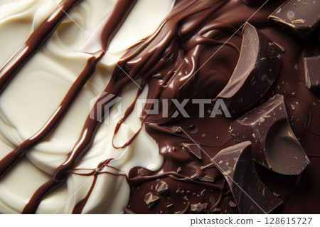On a cream milk background, dark chocolate is displayed AI Generative 128615727