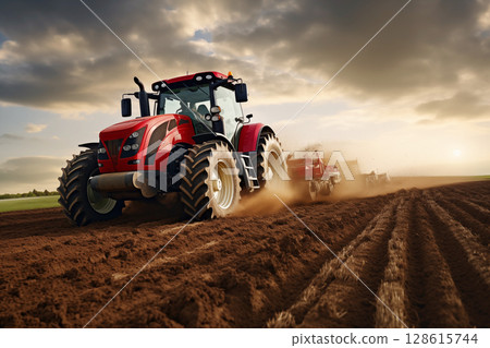 Plows land being cultivated in field prior to sowing at spring AI Generation 128615744
