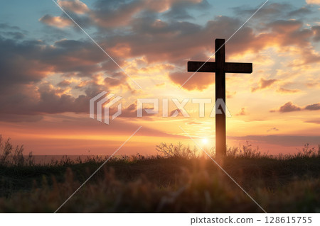 As symbol of Christianity, Easter cross is seen at dawn AI Generative 128615755