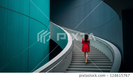A woman climbing the stairs 128615767