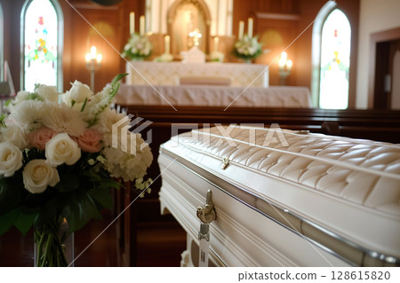 Coffin with body of deceased is in funeral chapel of remembrance at funeral ceremony service AI Generative 128615820