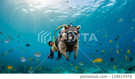 Diving raccoon 128615978