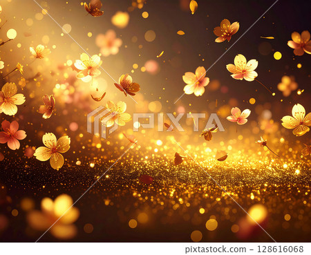 A fantastic golden landscape with cherry blossoms and fluttering petals 128616068