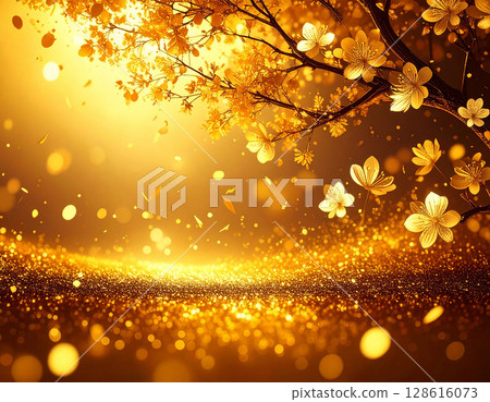 A fantastic golden landscape with cherry blossoms and fluttering petals 128616073
