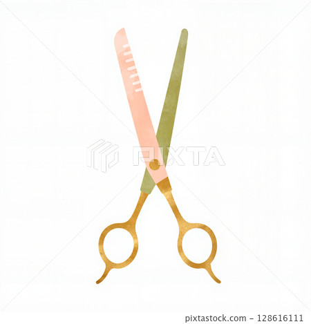 Stylish barber scissors in pastel colors on white background, creativity Stylish barber scissors in pastel colors on white background, creativity 128616111