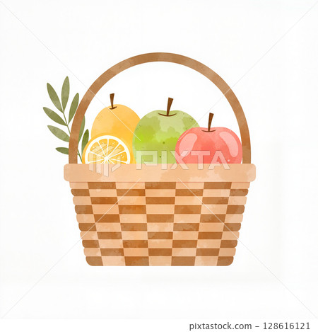 Colorful fruit basket with soft pastel tones, seasonal freshness 128616121