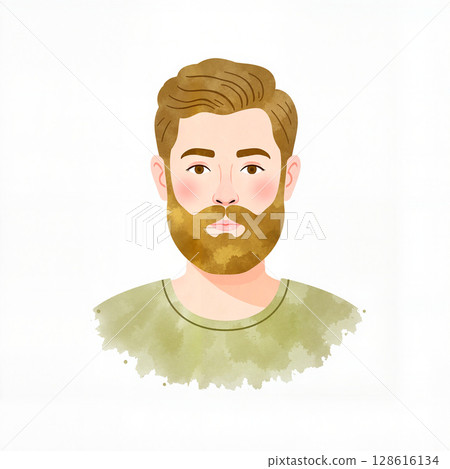 Bearded man in soft pastel colors on white background, serene expression Bearded man in soft pastel colors on white background, serene expression 128616134