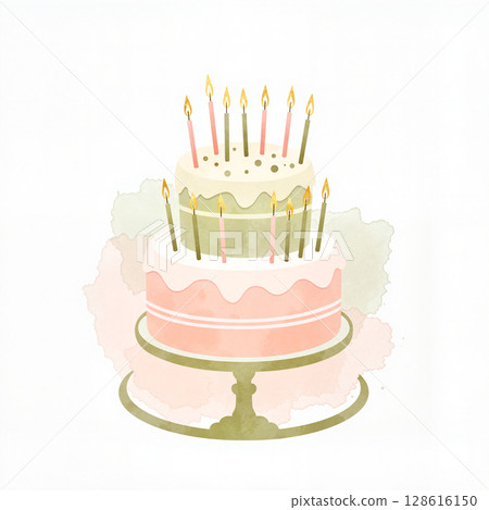 Elegant birthday cake with candles on a white background, celebration theme Elegant birthday cake with candles on a white background, celebration theme 128616150