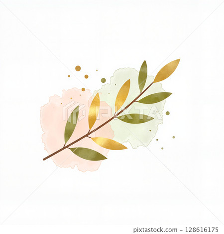 Pastel branch with gold and olive accents on white background, nature art 128616175