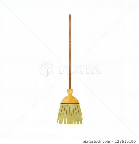 Pastel broomstick with gold and olive accents on white background, cleaning 128616190