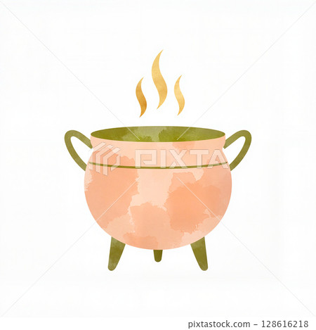 Pastel cauldron with steam on white background, culinary magic 128616218