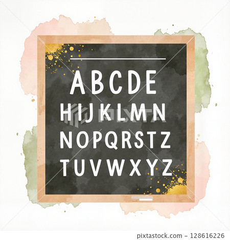 Pastel ABC letters on chalkboard with gold accents, educational art 128616226