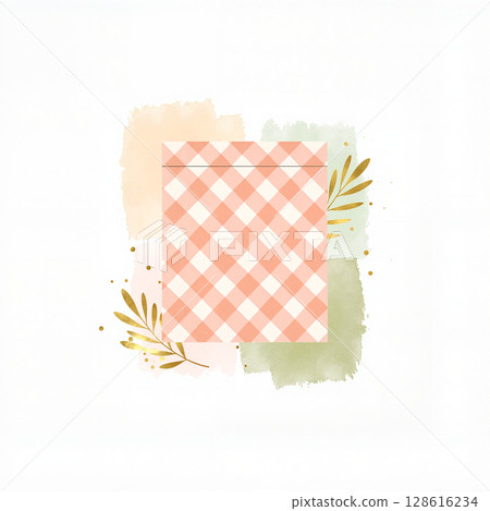 Pastel checkered pattern with gold accents and greenery, soft elegance 128616234
