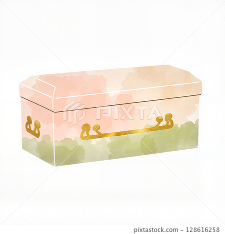 Pastel coffin with gold accents on white background, symbolism of remembrance 128616258