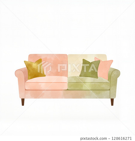 Pastel sofa with cushions showcasing comfort and elegance, interior design Pastel sofa with cushions showcasing comfort and elegance, interior design 128616271