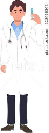 cartoon doctor holding syringe medical professional for vaccination and immunization concept cartoon doctor holding syringe medical professional for vaccination and immunization concept 128616368