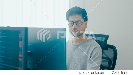 Young adult Asia male freelance eyeglasses typing write prompt AI bot IT app smart program nomad, video game, terminal with coding, user interface, designer, big data center on desktop computer. Young adult Asia male freelance eyeglasses typing write prompt AI bot IT app smart program nomad, video game, terminal with coding, user interface, designer, big data center on desktop computer. 128616531