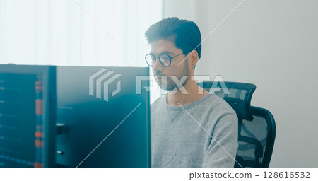 Young adult Asia male freelance eyeglasses typing write prompt AI bot IT app smart program nomad, video game, terminal with coding, user interface, designer, big data center on desktop computer. Young adult Asia male freelance eyeglasses typing write prompt AI bot IT app smart program nomad, video game, terminal with coding, user interface, designer, big data center on desktop computer. 128616532