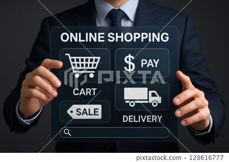 Online shopping innovation connects clients with direct order and delivery through secure network in cyberspace using laptop for commerce marketing finance and banking 128616777