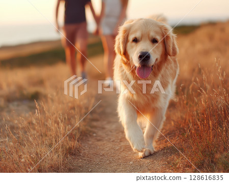 Golden retriever dog happily walking on dirt path through dry grass with two people blurred in background during warm sunset 128616835