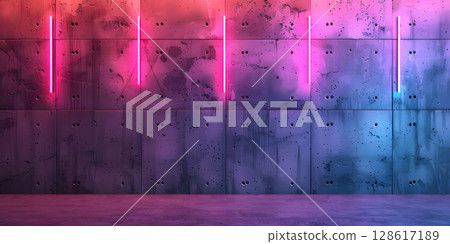 Neon Glow: Cement Wall Background with Vibrant Lights, Urban Radiance: Neon Lights on Cement Wall for a Modern Look-Ai-generated 128617189