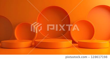 Circle Stage: Orange Podium Background with Circular Design, Podium Circles: Orange Background with Circular Patterns-Ai-generated 128617198