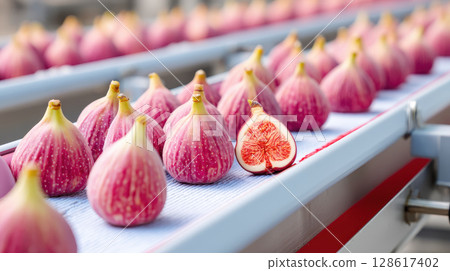 Fresh processed fig fruit on conveyor belt in agriculture export factory with ripe pink figs arranged in rows for quality control and packaging 128617402