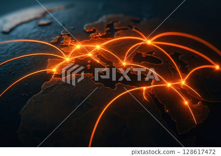 Global trade agreement talk concept with glowing connection lines on Europe and Middle East map showing free network and communication 128617472