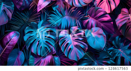 Neon Jungle: Creative Layout of Tropical Leaves in Fluorescent Colors, Tropical Neon: Flat Lay of Vibrant Leaves in Fluorescent Hues-Ai-generated 128617563