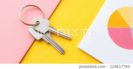 Property key with tax document and colorful pie chart on yellow and pink background for financial concept 128617764