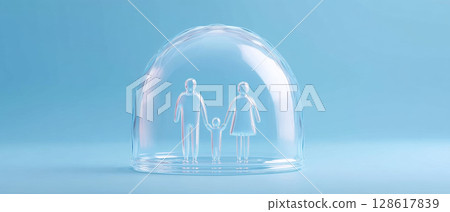 Transparent glass dome protects family of three symbolizing health insurance and customer service ensuring safety and care in secure environment 128617839