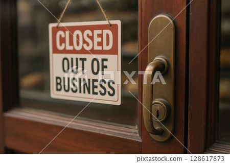 Closed out of business sign hanging on wooden door with metal handle reflecting economic challenges like inflation and recession affecting small shops and local economy 128617873