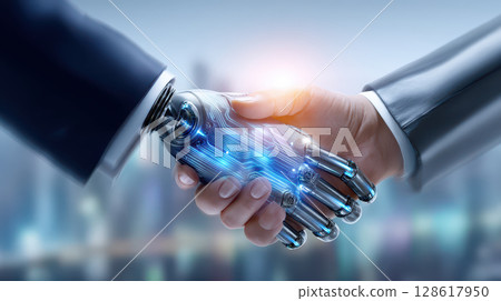 Artificial intelligence and technology drive innovation in business as robot and human handshake symbolizes partnership growth through digital learning network and computer science datum marketing 128617950