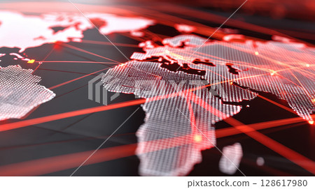 Digital world map with glowing red lines illustrating supply chain disruption and global network connection across continents Digital world map with glowing red lines illustrating supply chain disruption and global network connection across continents 128617980