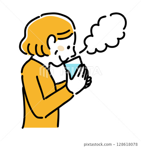 A woman drinking a hot drink Simple illustration 128618078