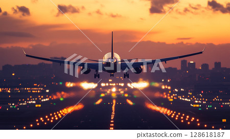plane landing with sunset and blur city light 128618187