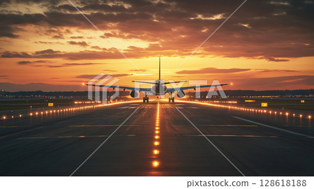 rear view of a passenger airplane taking off from airport runway into the evening sky rear view of a passenger airplane taking off from airport runway into the evening sky 128618188
