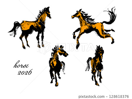 A set of brush-drawn horses / Vector material perfect for New Year's cards, etc. A set of brush-drawn horses / Vector material perfect for New Year's cards, etc. 128618376
