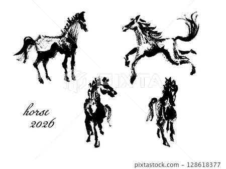 A set of brush-drawn horses / Vector material perfect for New Year's cards, etc. A set of brush-drawn horses / Vector material perfect for New Year's cards, etc. 128618377