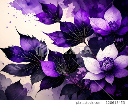 一幅奇妙的水彩風格紫色插圖,帶有華麗的花朵和爆炸性的輪廓 一幅奇妙的水彩風格紫色插圖,帶有華麗的花朵和爆炸性的輪廓 128618453