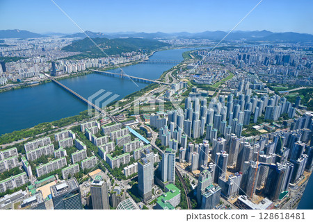 View of the Han River and the cityscape from the observation deck of Lotte World Tower [Seoul, Korea] 128618481