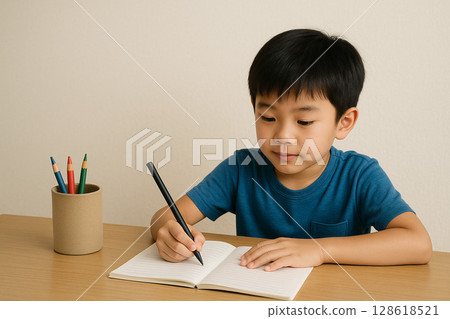 Boy writing his summer vacation diary Boy writing his summer vacation diary 128618521
