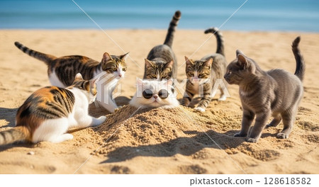 Cat playing in the sand 128618582