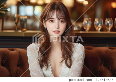 Beautiful young woman with wavy hair and earrings 128618627