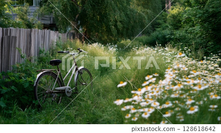 Vintage bicycle in a lush garden path with blooming daisies and wooden fence. 128618642